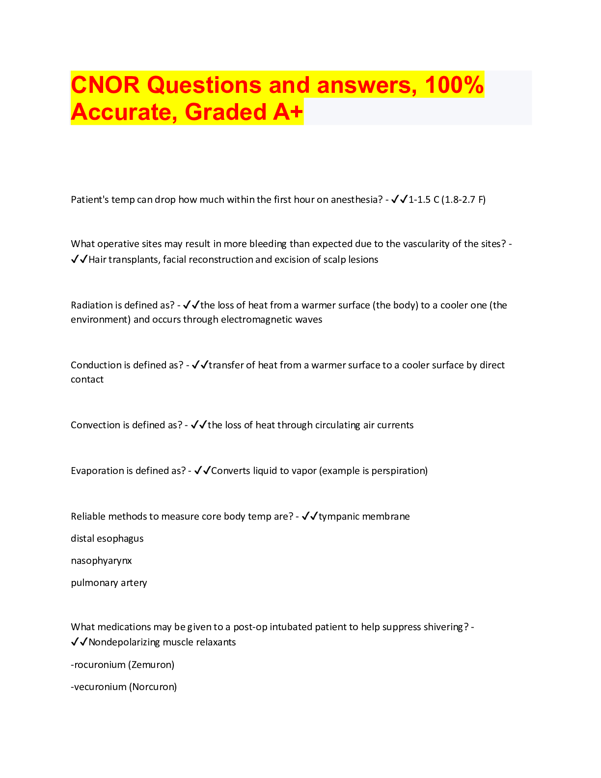 Preview image for CNOR Questions and answers, 100%  Accurate, Graded A